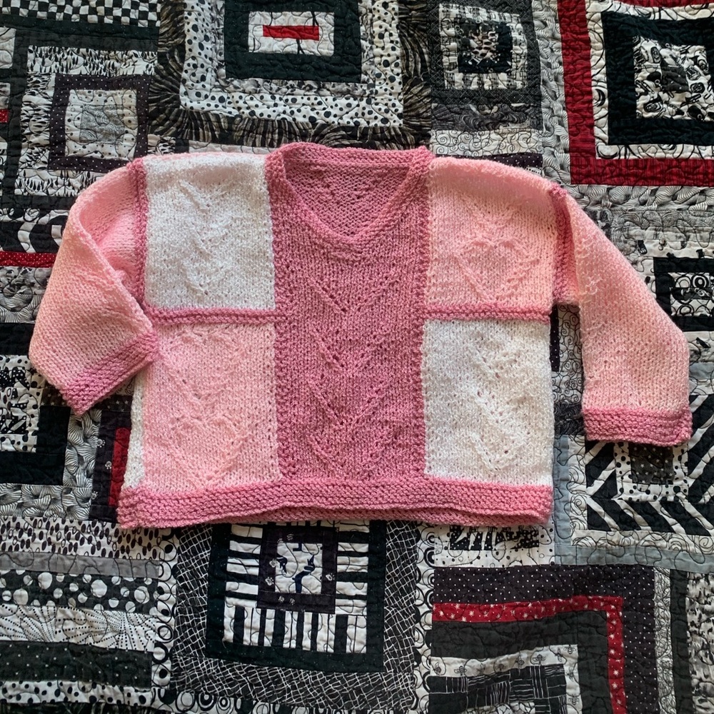 Pink kids hand made sweater measurements shown in photos